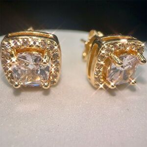 Fashion Jewelry Gold Plated Cushion Cut CZ Stud Earrings Screw Back